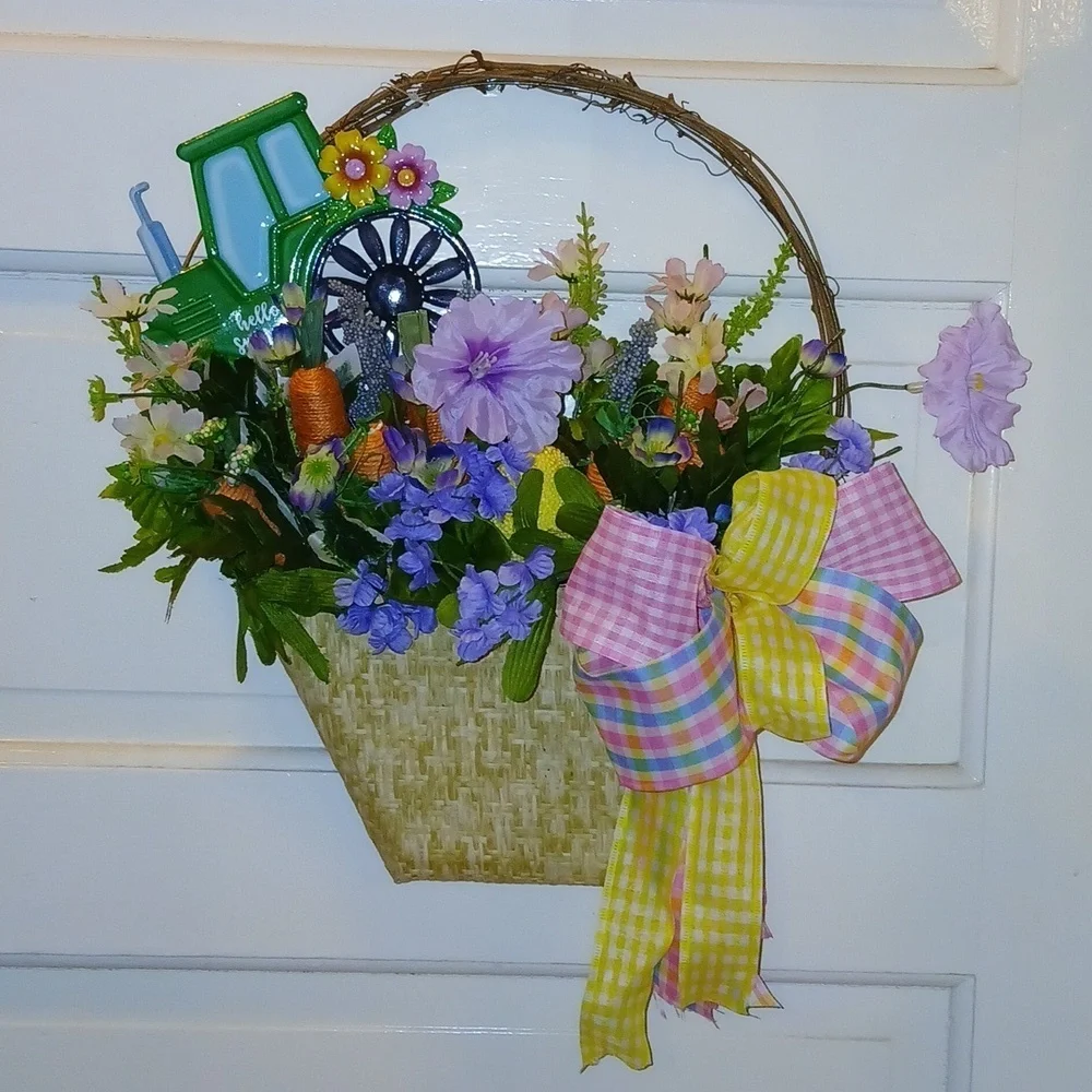 Spring basket wreath door hanger farmhouse tractor flowers 💐